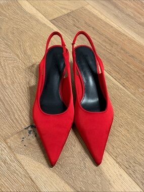 Red Satin Pointed Toe Slingback Heels